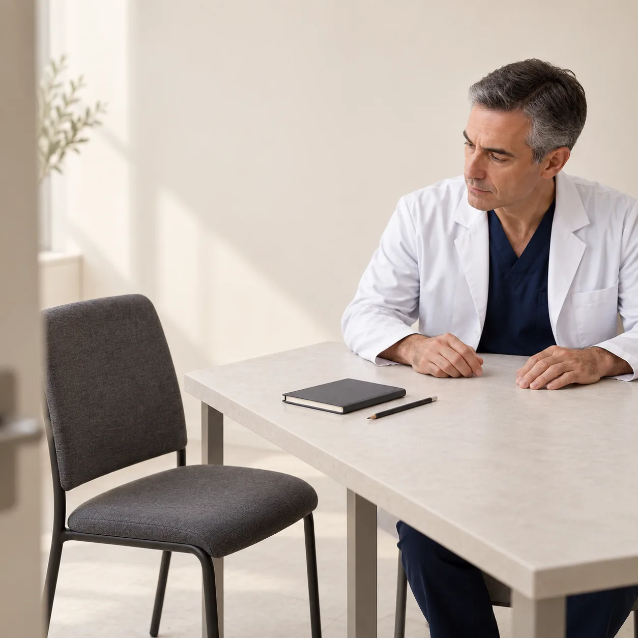 A fictional male clinician sits at a quiet table facing an empty visitor chair, with a closed blank notebook and a separate pencil nearby.
