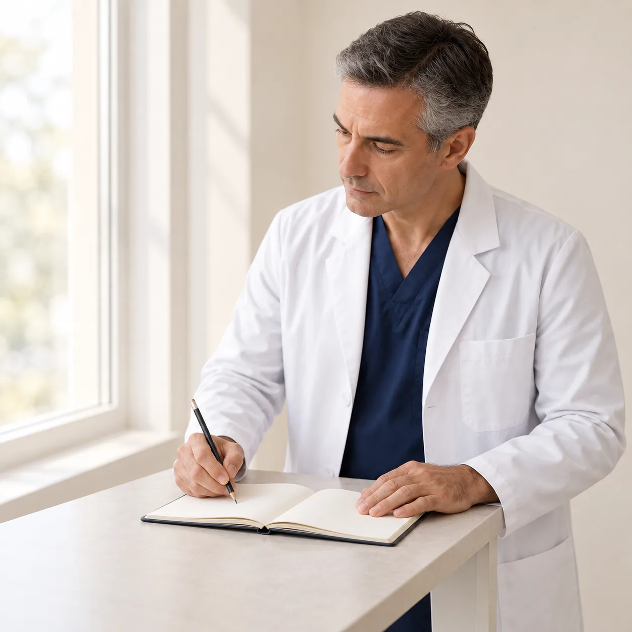 A fictional male clinician writes in a blank notebook with a pencil during independent professional study.