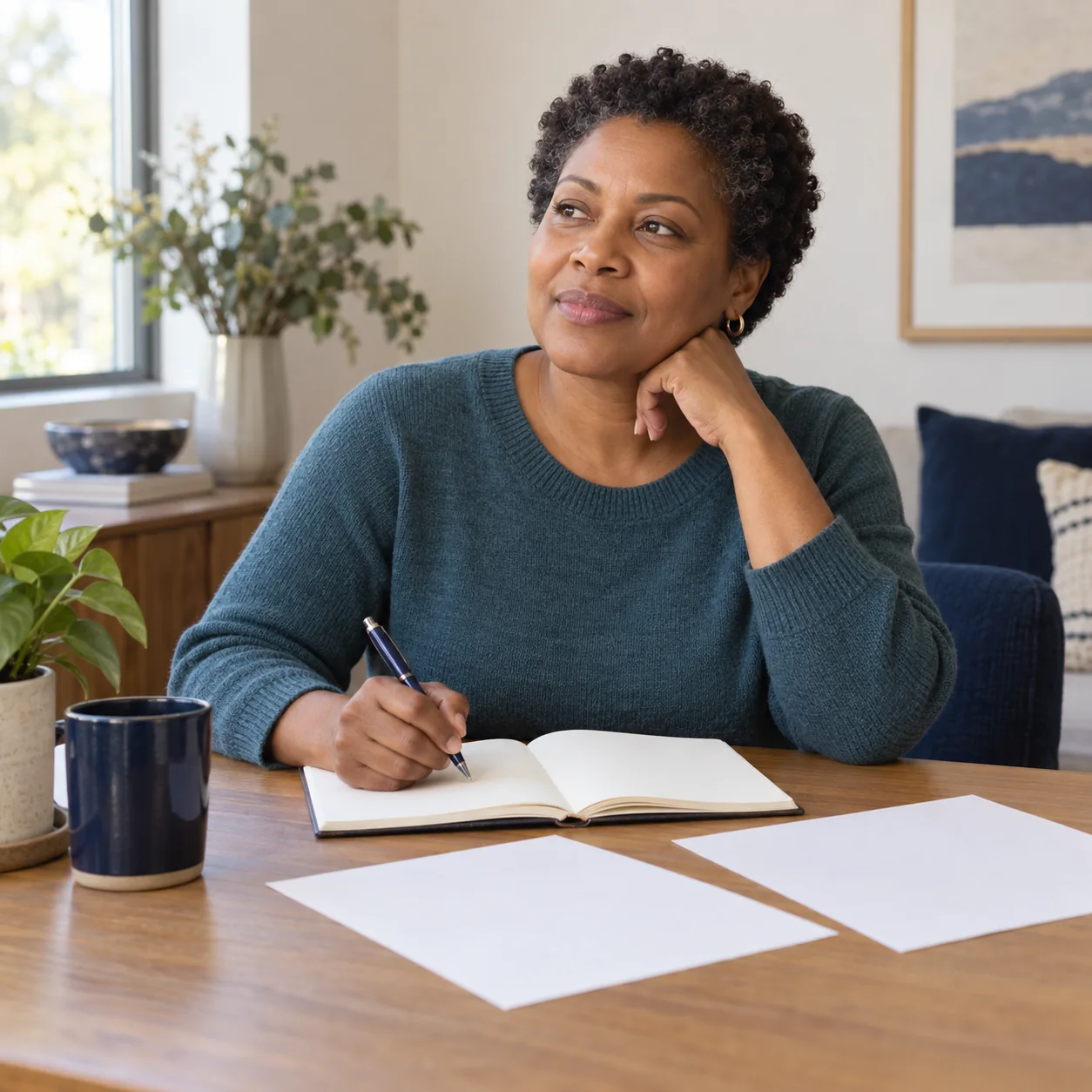 A fictional adult woman pauses with a pen over a blank notebook at a daylight table.