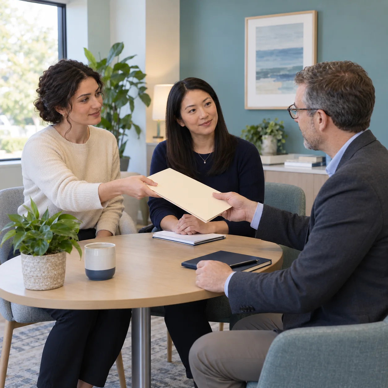 Three fictional clinicians sit at a table as two exchange a plain folder.