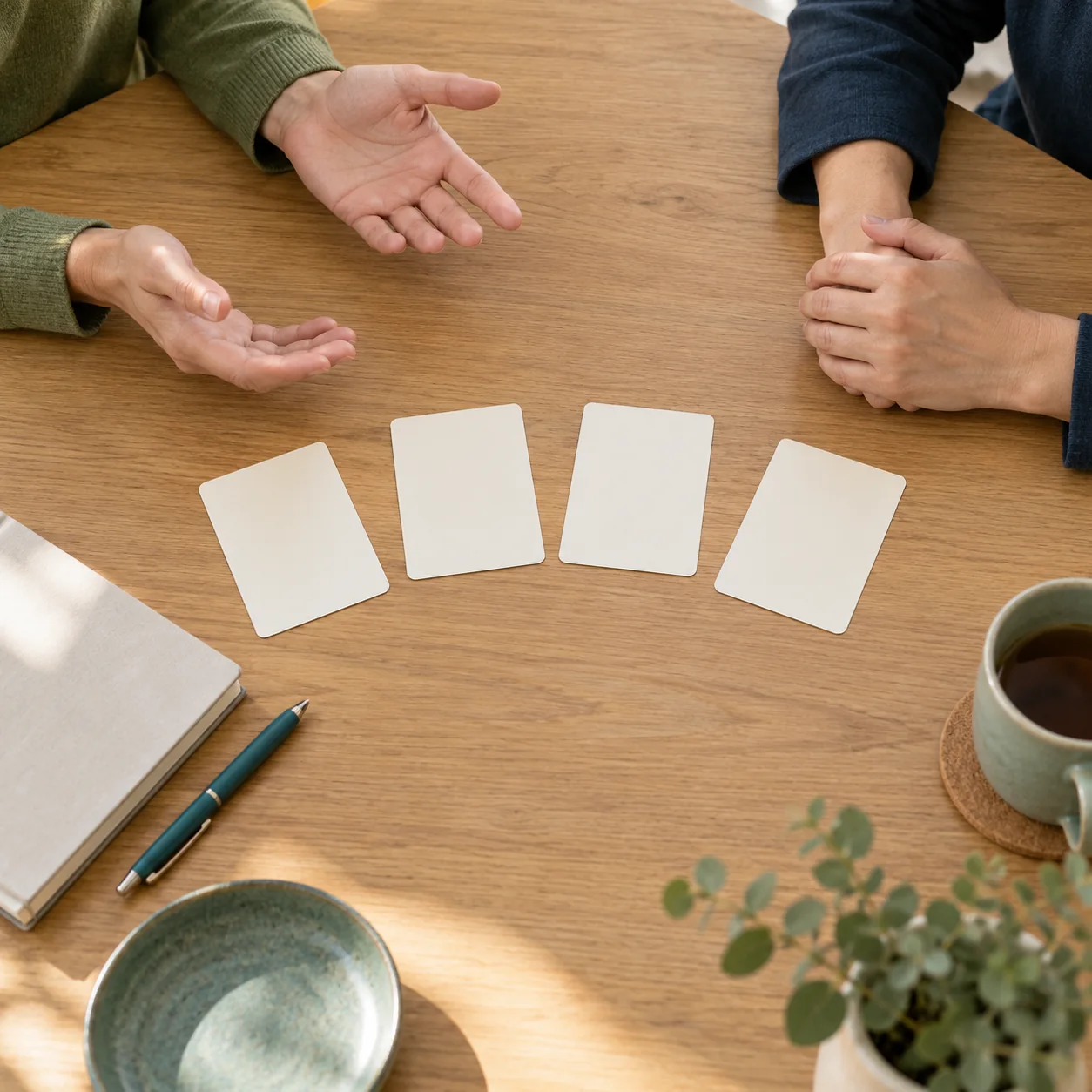 Hands of two fictional adults beside four blank cards on a wooden table.