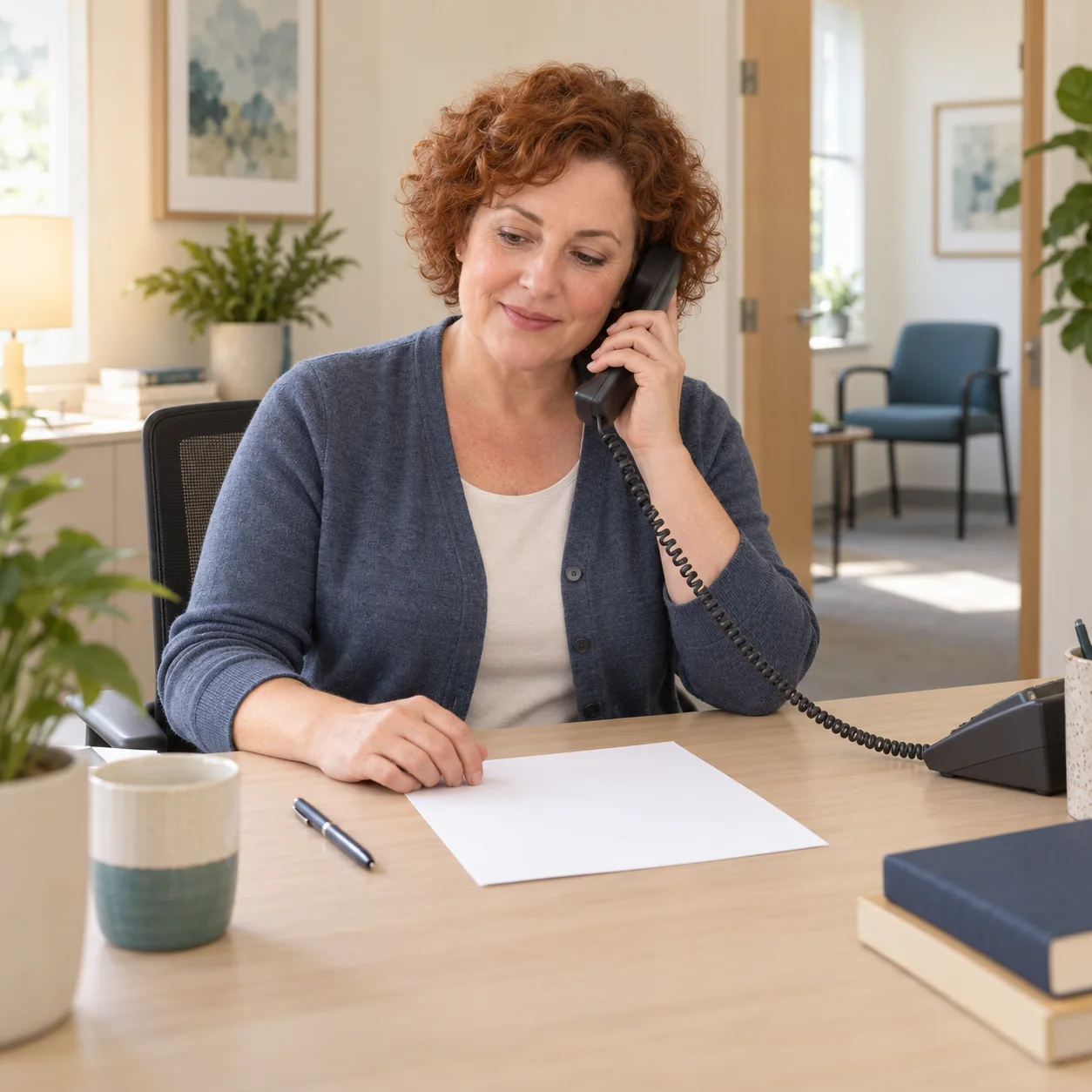A fictional care coordinator speaks on the phone beside a blank page in a softly lit office.