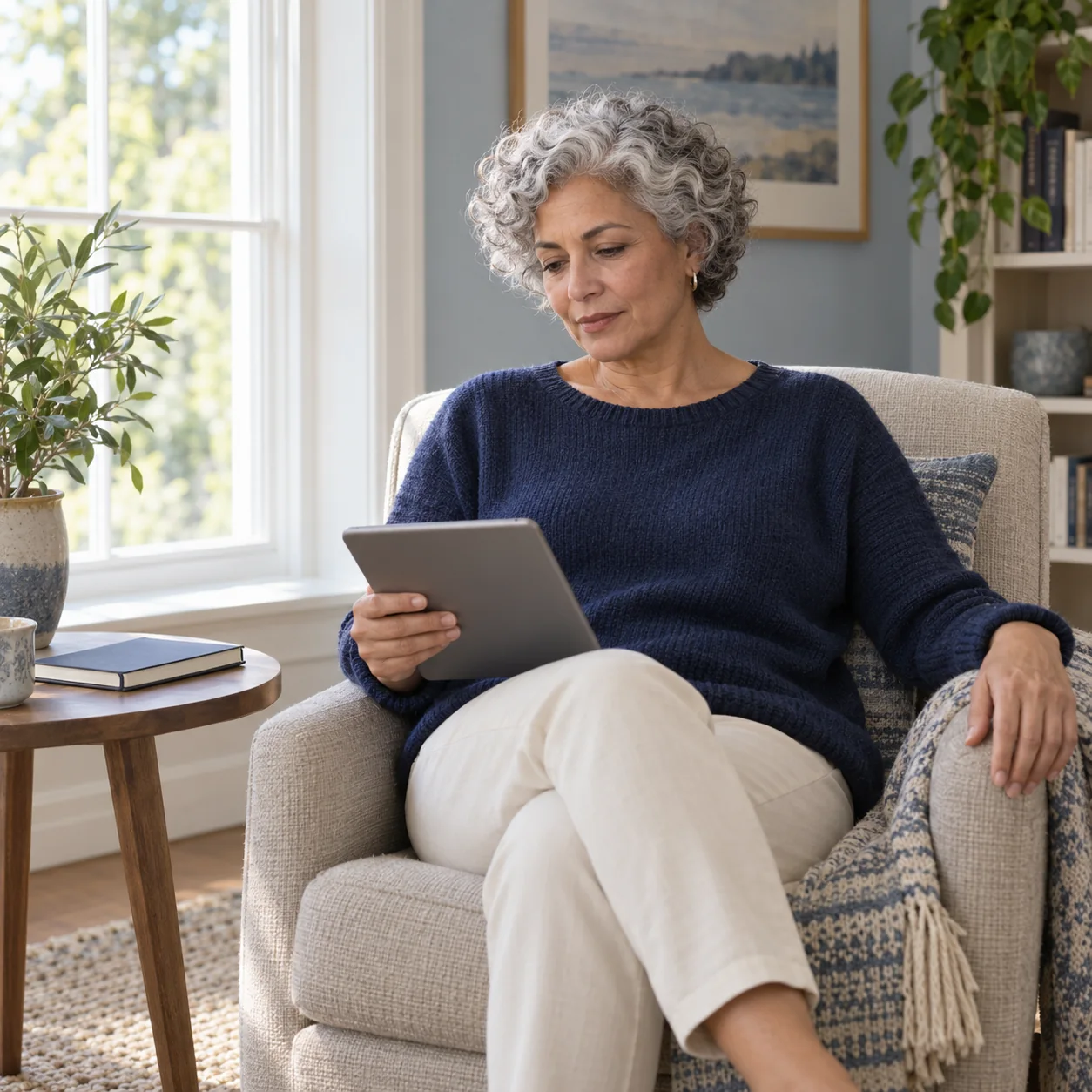 A fictional adult with silver curls reviews an unmarked tablet beside a daylight window.