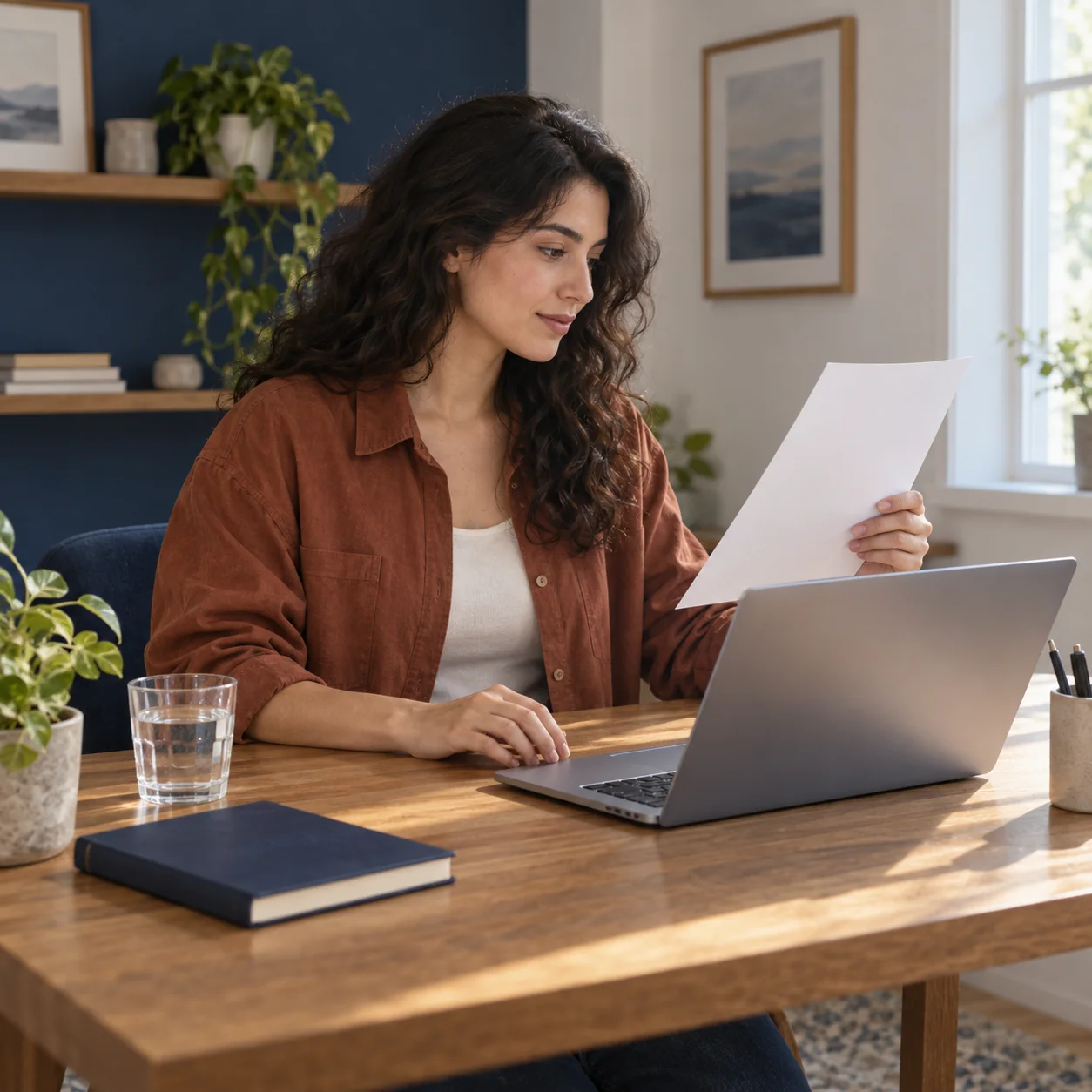 A fictional adult learner studies alone at a laptop while holding a blank practice sheet.
