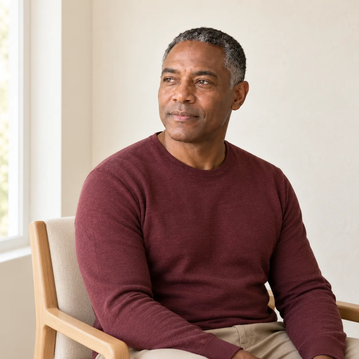 The same fictional adult man in a burgundy shirt sits thoughtfully on a pale-oak chair in a softly lit ivory room.