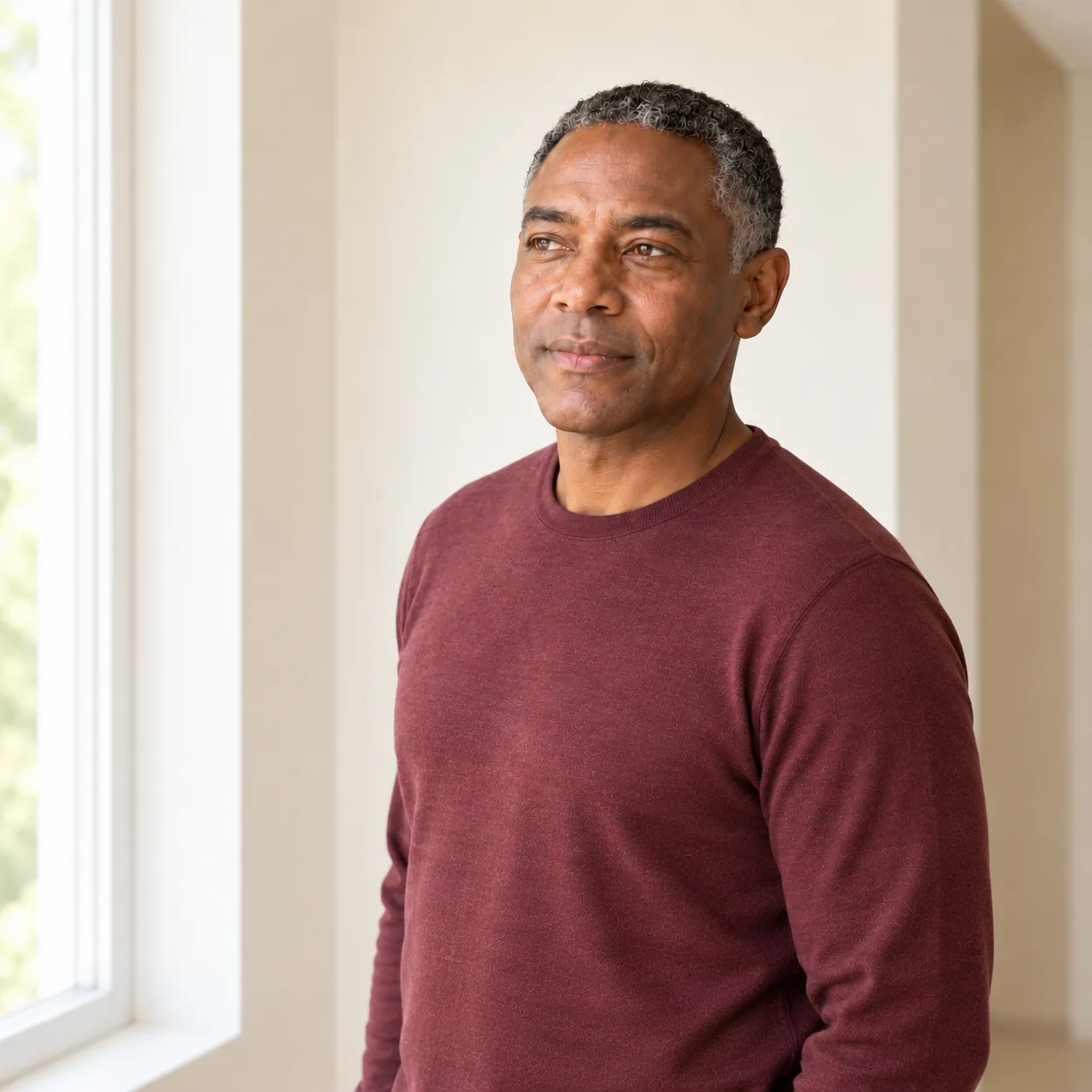 The same fictional adult man in a burgundy shirt stands thoughtfully beside a softly lit window in an ivory room.