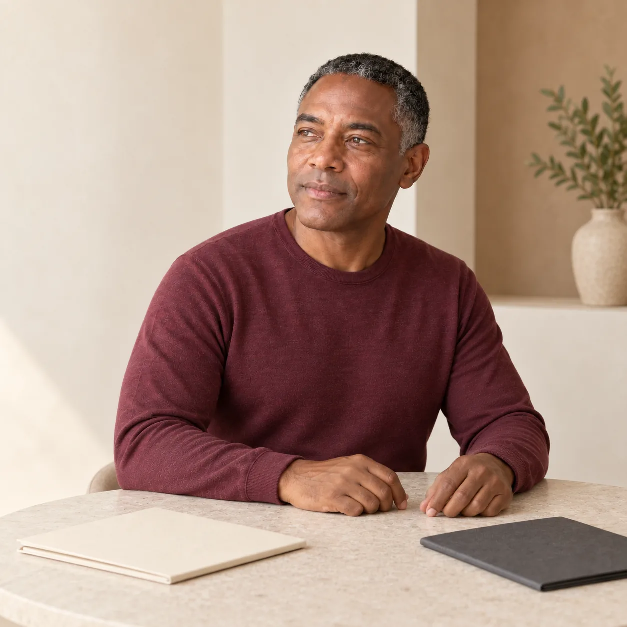 The same fictional adult man in a burgundy shirt sits at a pale-stone table with two closed unmarked folios.