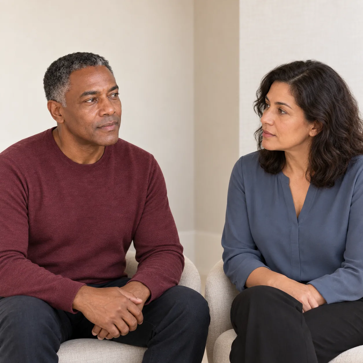 The familiar fictional man in a burgundy shirt listens to a fictional woman in slate blue in a warm-ivory room.