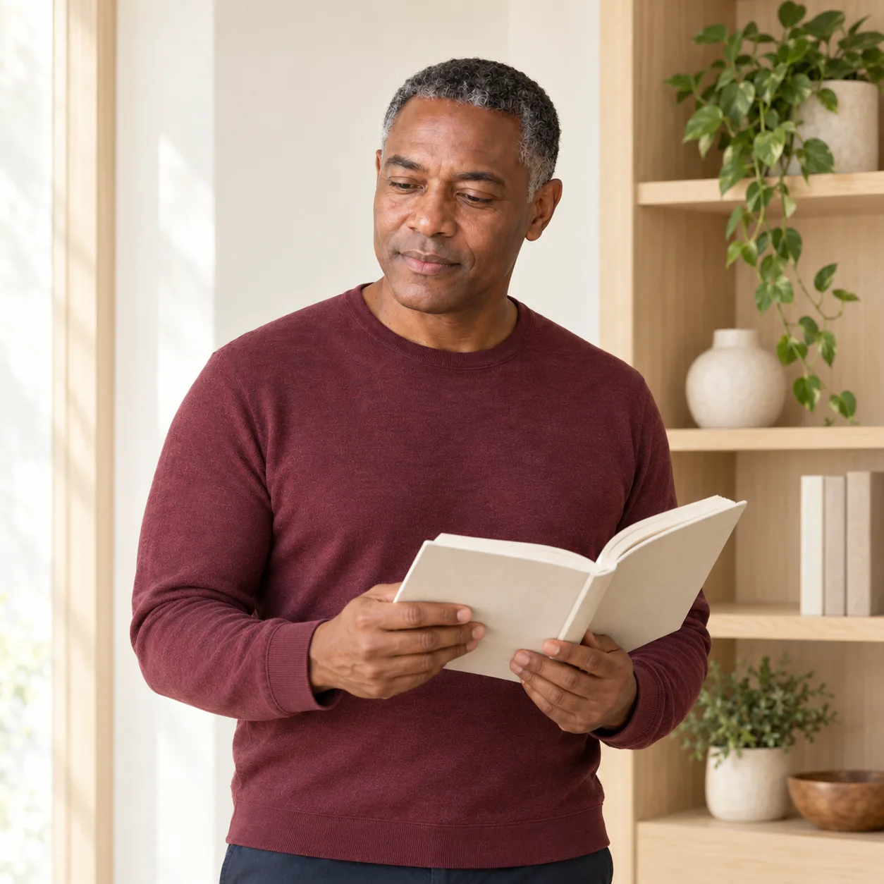 The same fictional adult man in a burgundy shirt stands in a warm-ivory reading alcove holding an open unmarked book.