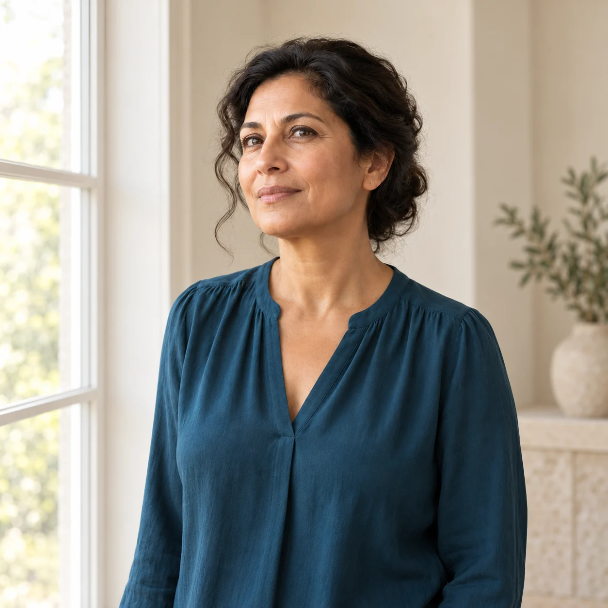A fictional woman in a deep-teal blouse stands beside a softly lit window.