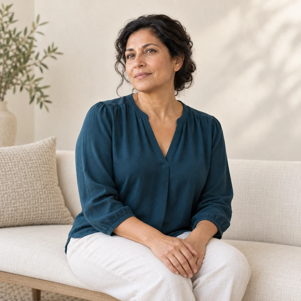 The same fictional woman in a deep-teal blouse sits quietly on a pale sofa in a softly lit ivory room.