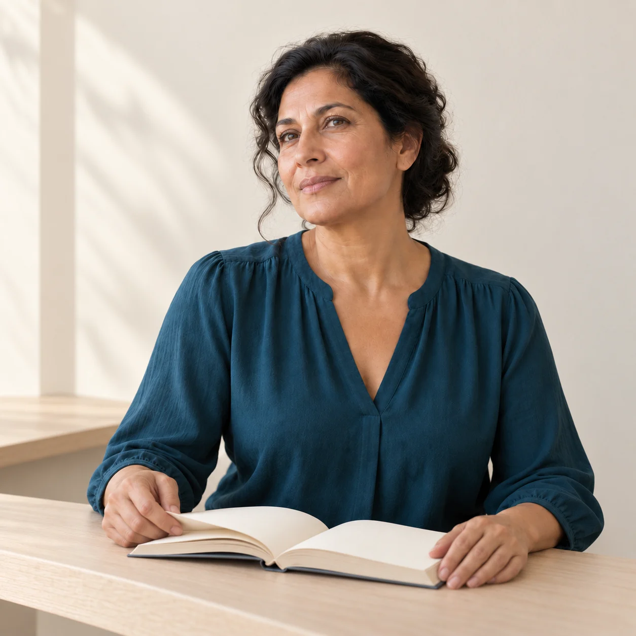 The same fictional woman in a deep-teal blouse sits at a pale-oak writing ledge with an open blank book.