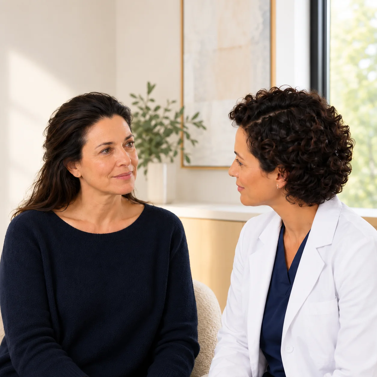 A fictional adult visitor with a visible natural forehead and hairline talks with a fictional woman clinician in a quiet consultation room.