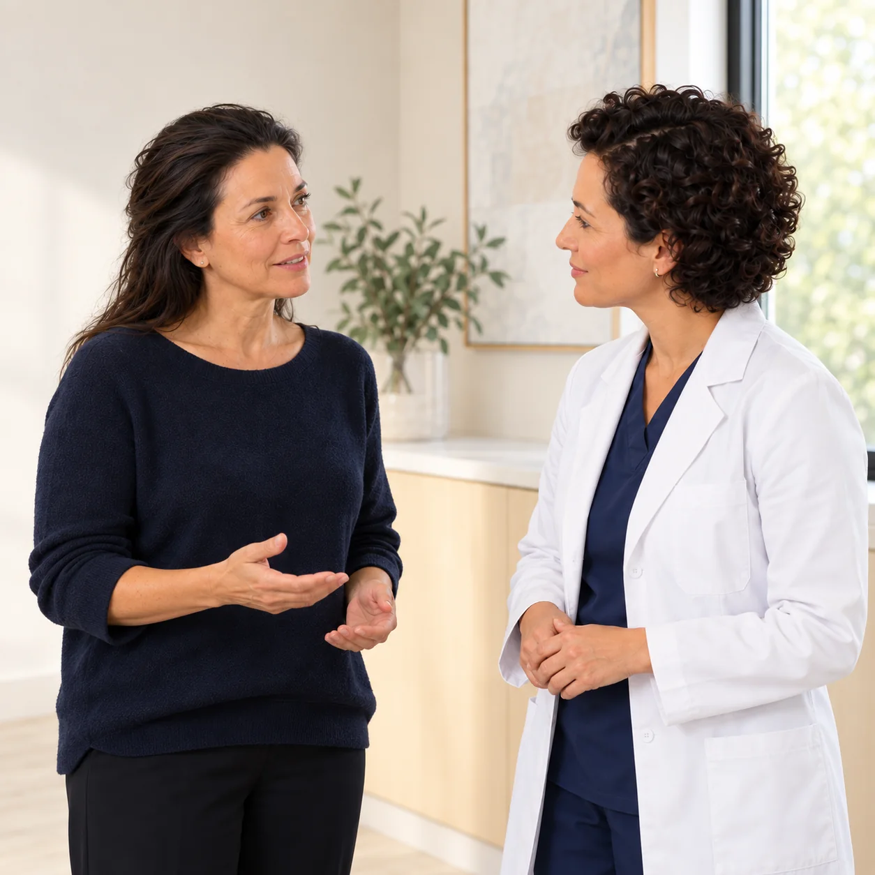 A fictional adult visitor with dark swept-back hair discusses her goals with a fictional woman clinician in a warm consultation room.