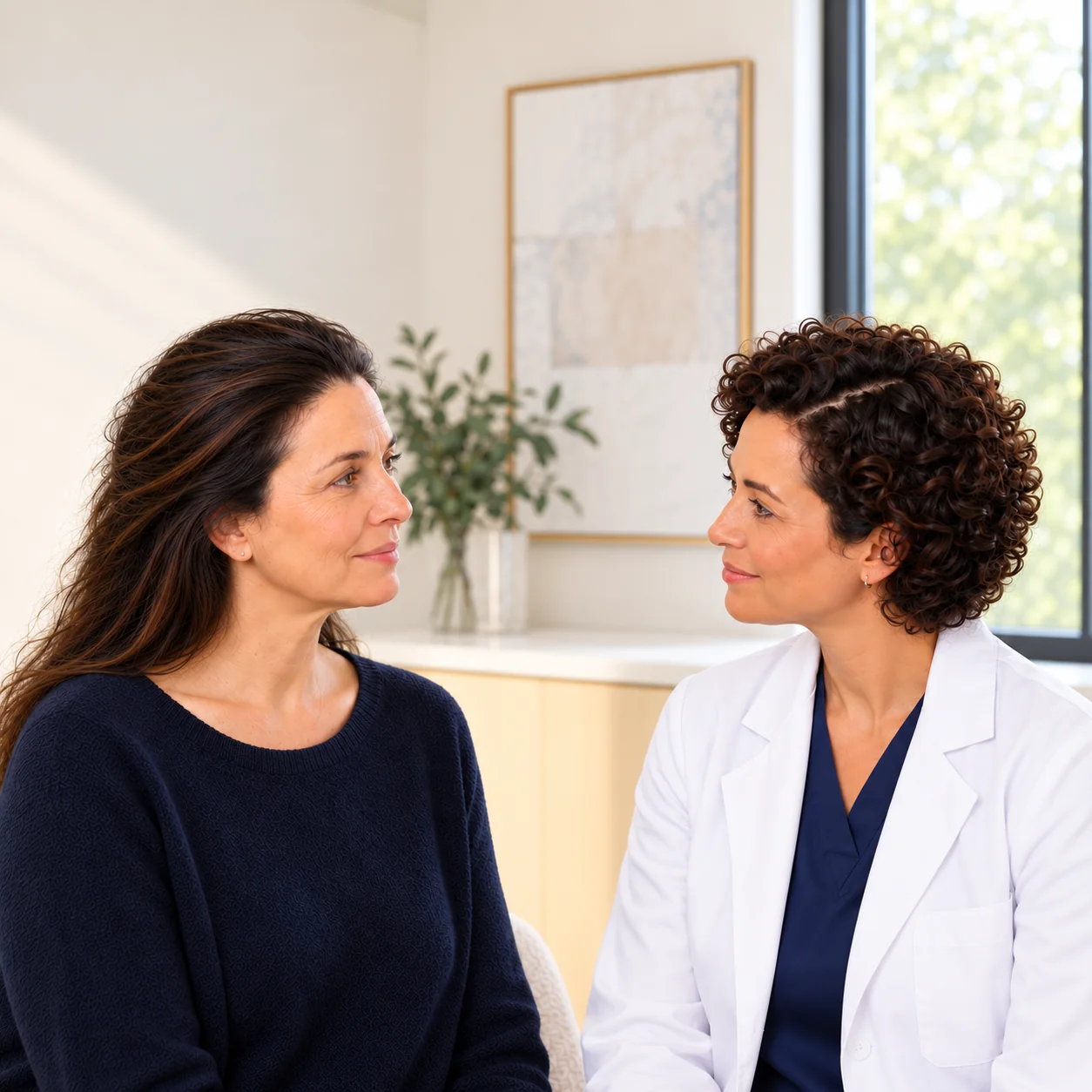 A fictional adult visitor with a visible natural front hairline and forehead speaks in profile with a fictional woman clinician in a warm consultation room.