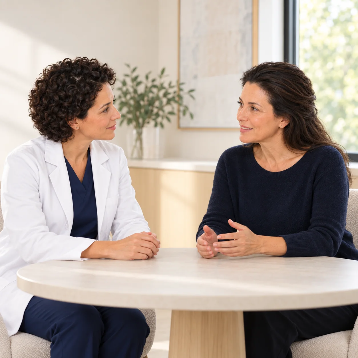 A fictional woman clinician listens to a fictional adult visitor speaking with a natural smile across a table in a quiet consultation room.