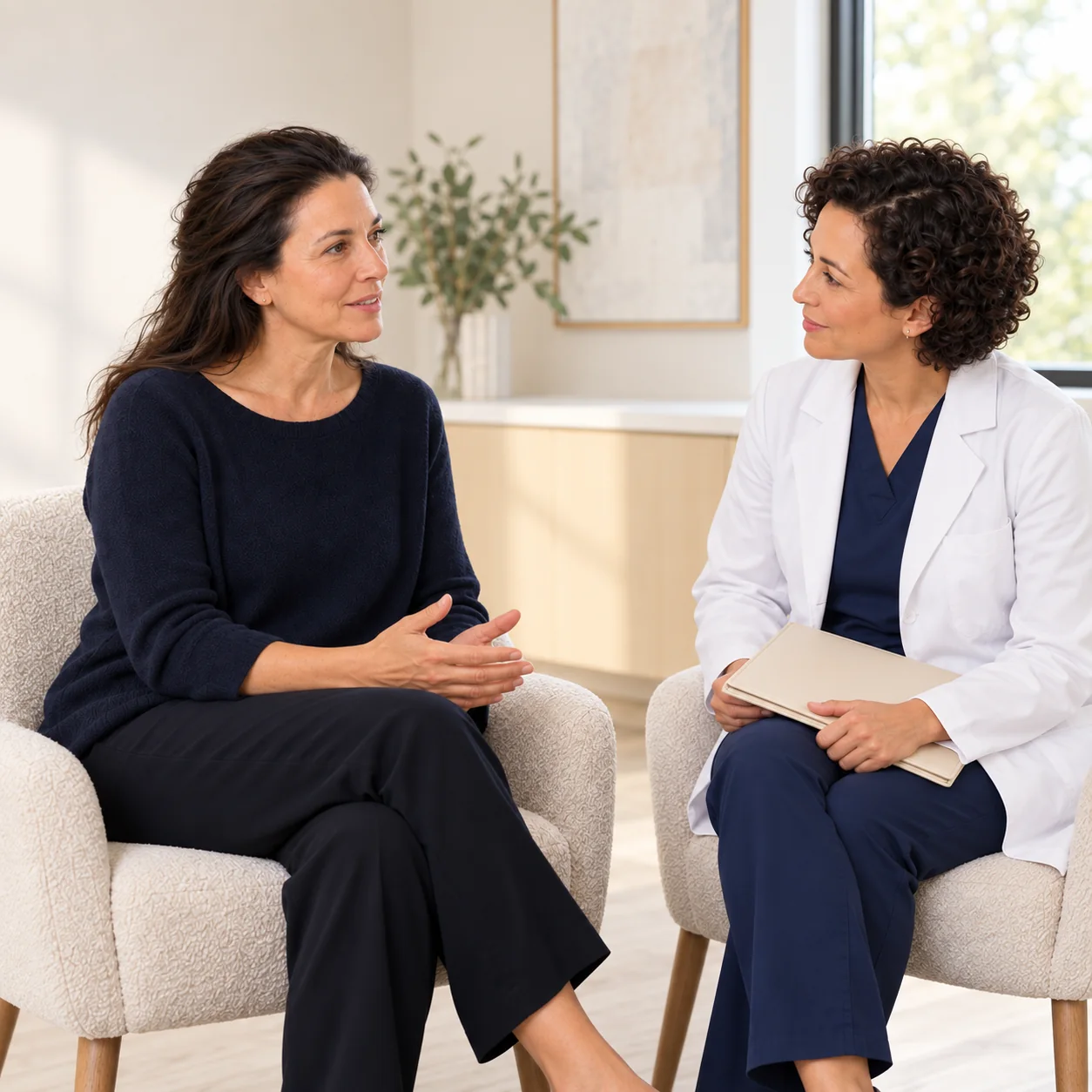 A fictional adult visitor speaks with a fictional woman clinician who holds a closed plain folio during a calm consultation.