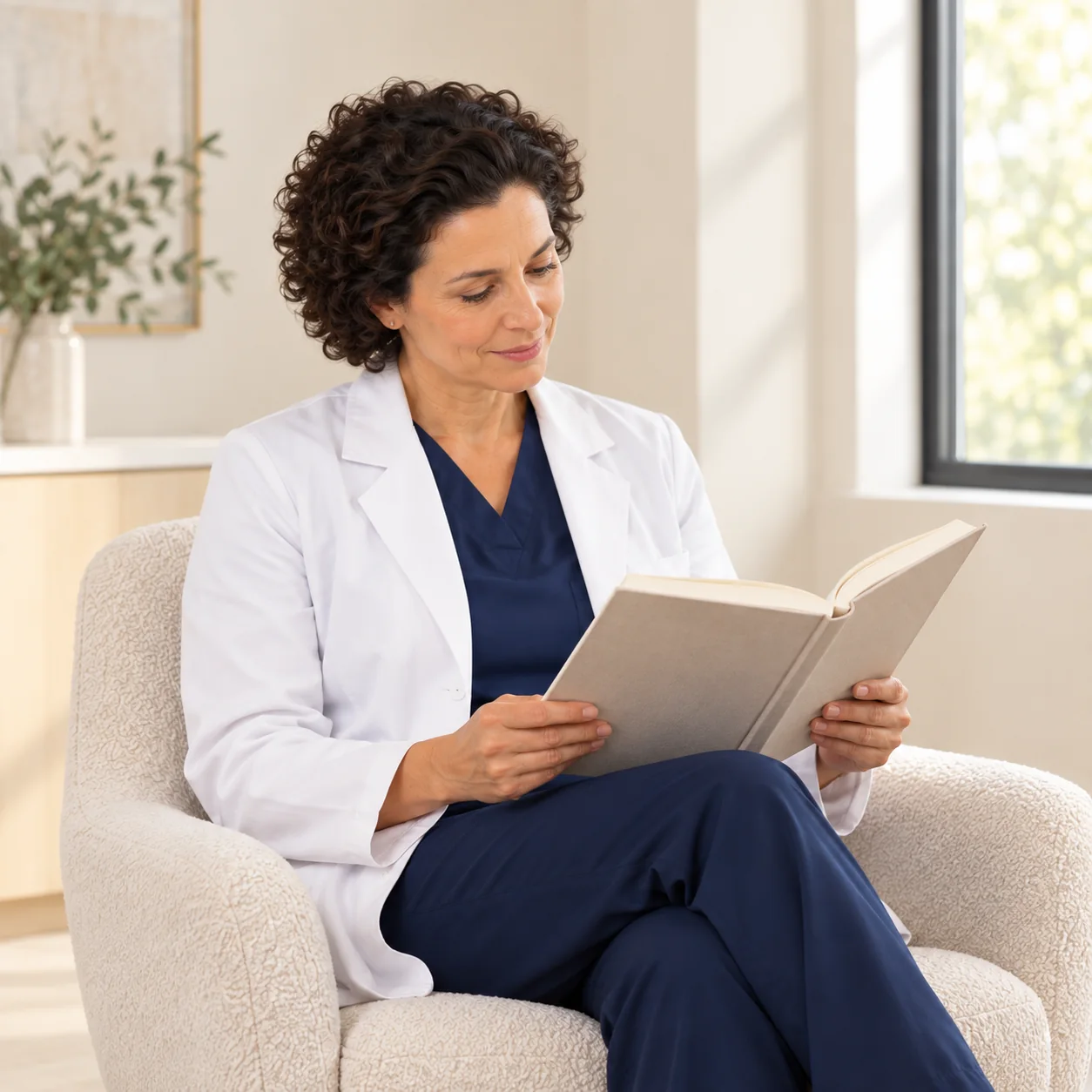 A fictional woman clinician with short dark curls reads an unbranded reference volume in a quiet window-side armchair.