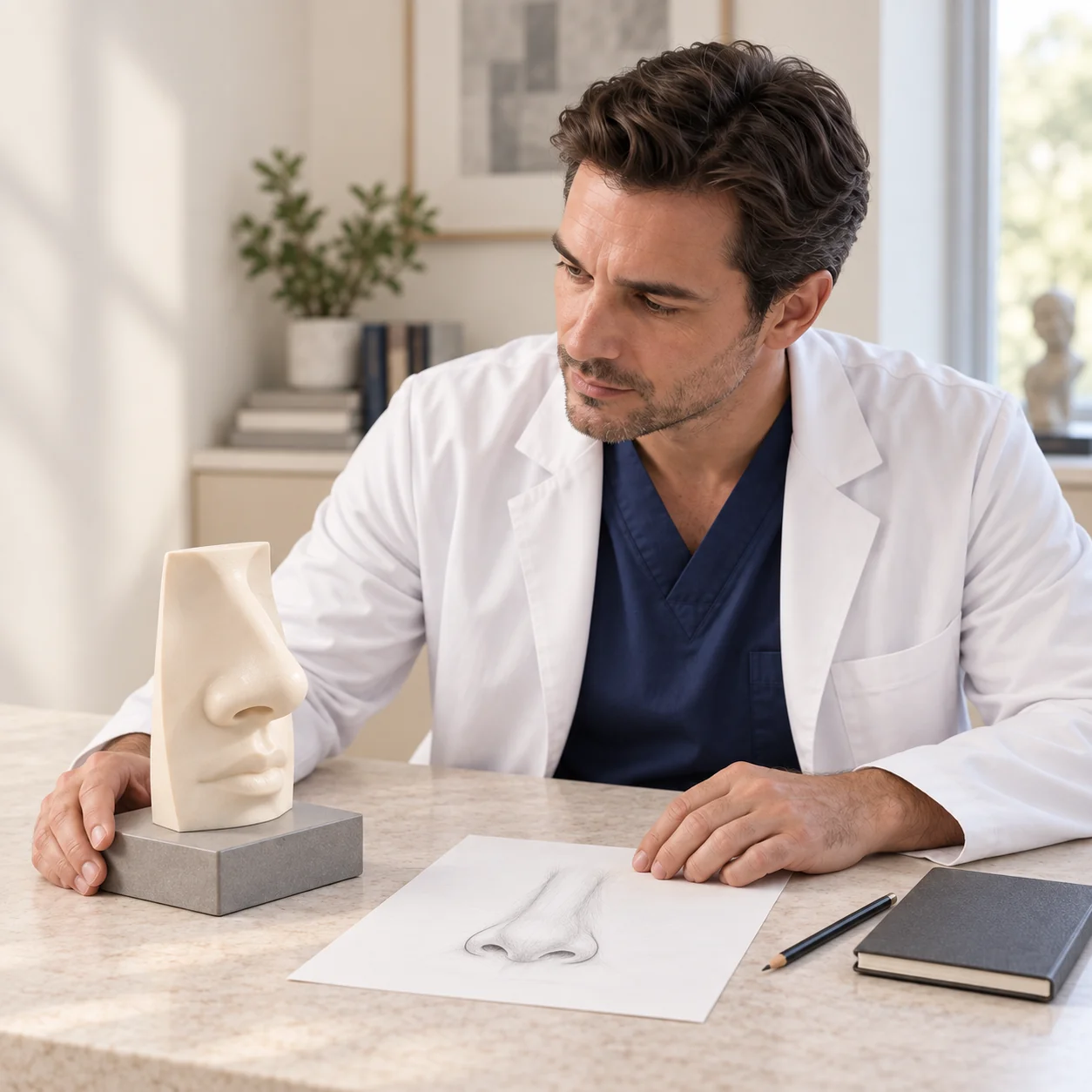 A fictional clinician studies an artificial external nose model and an unlabelled frontal sketch in a medical learning room.