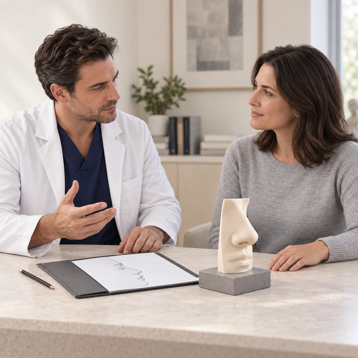 A fictional clinician and adult consultation participant discuss individual planning beside an artificial external nose model and an illustrative profile sketch.