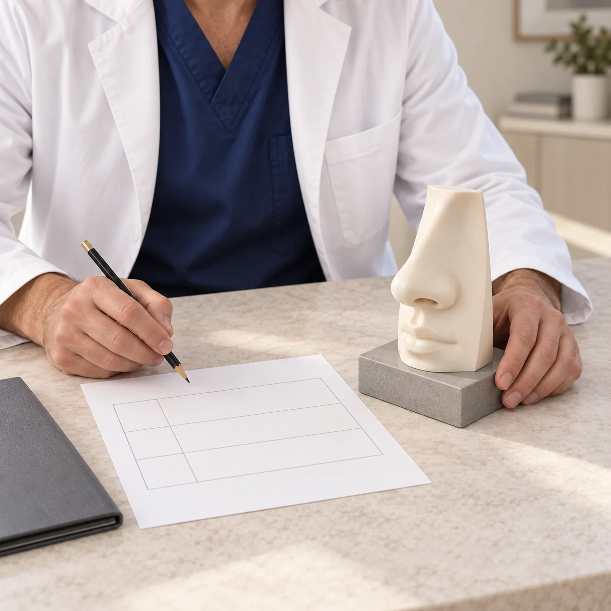 Close tabletop view of a fictional clinician studying an artificial external nose model beside a blank comparison worksheet.