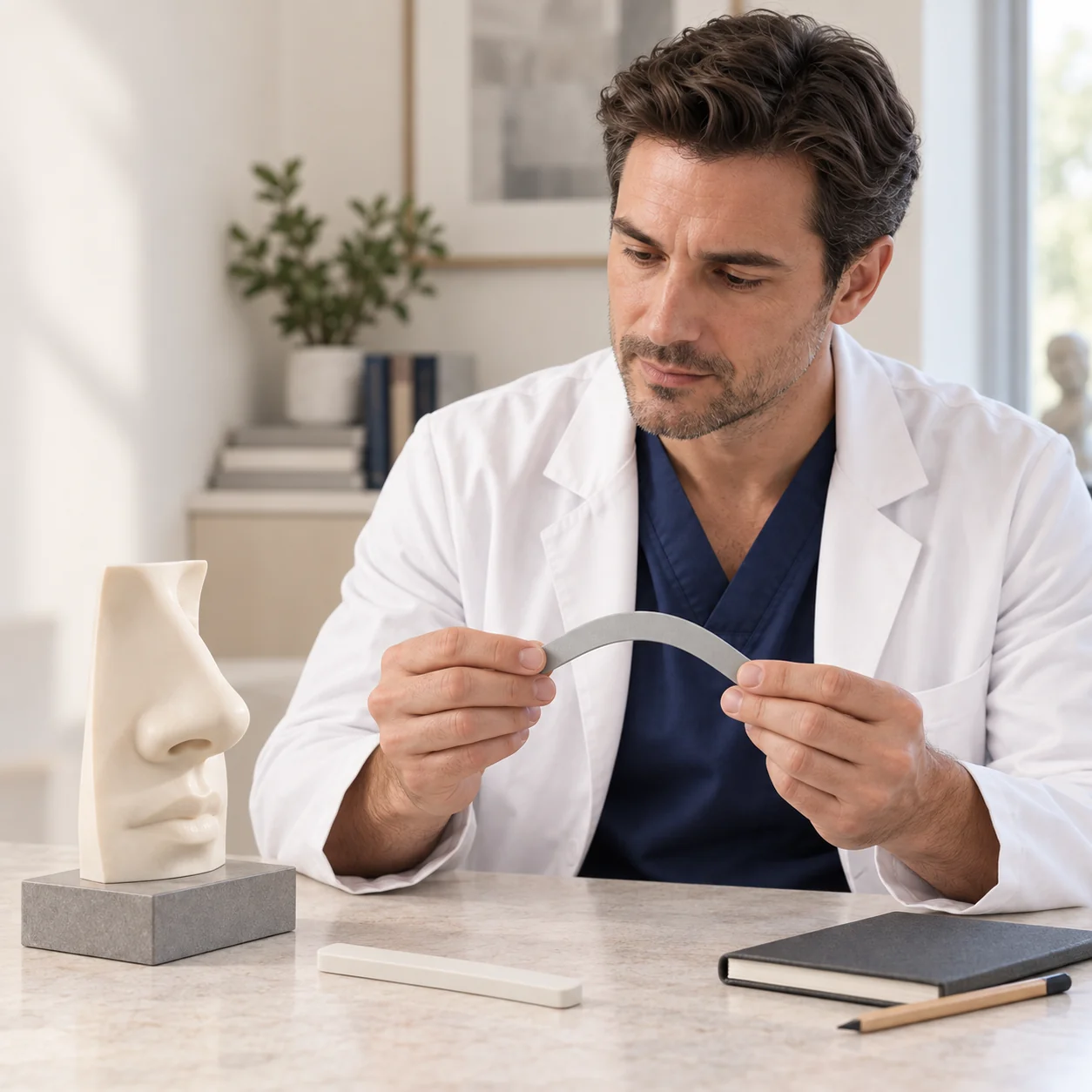 A fictional clinician studies a curved manufactured training strip beside an artificial external nose model and a separate straight material sample.