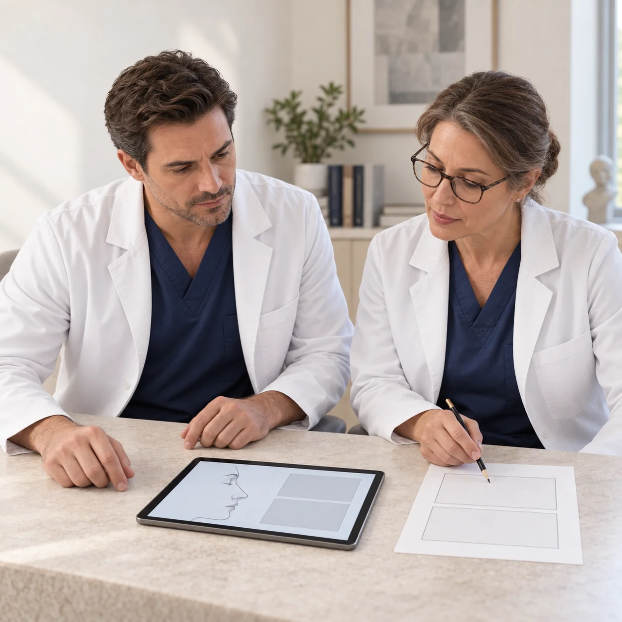 Two fictional clinical colleagues review generic follow-up teaching materials on a screen-up tablet and a neutral paper worksheet.