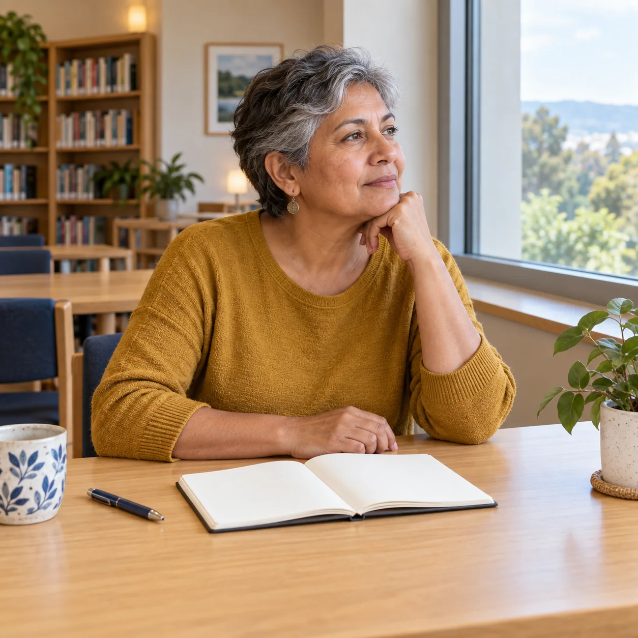 Older adult seated by a window with an open blank notebook, looking thoughtfully outside.