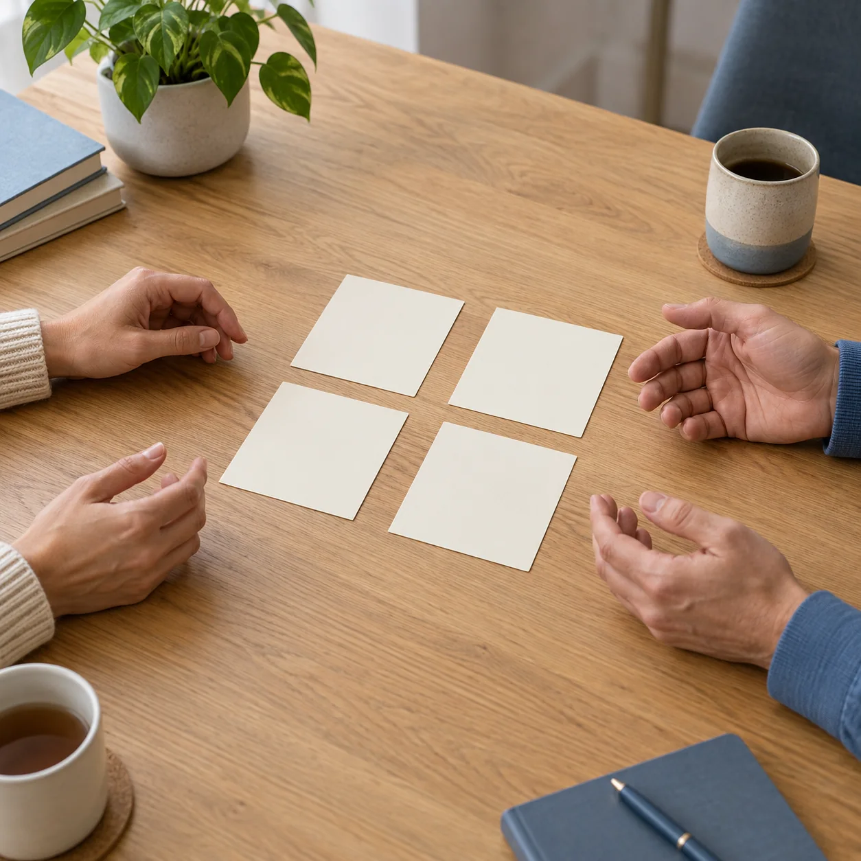 Two adults gesture around four blank cards arranged on a wooden table.