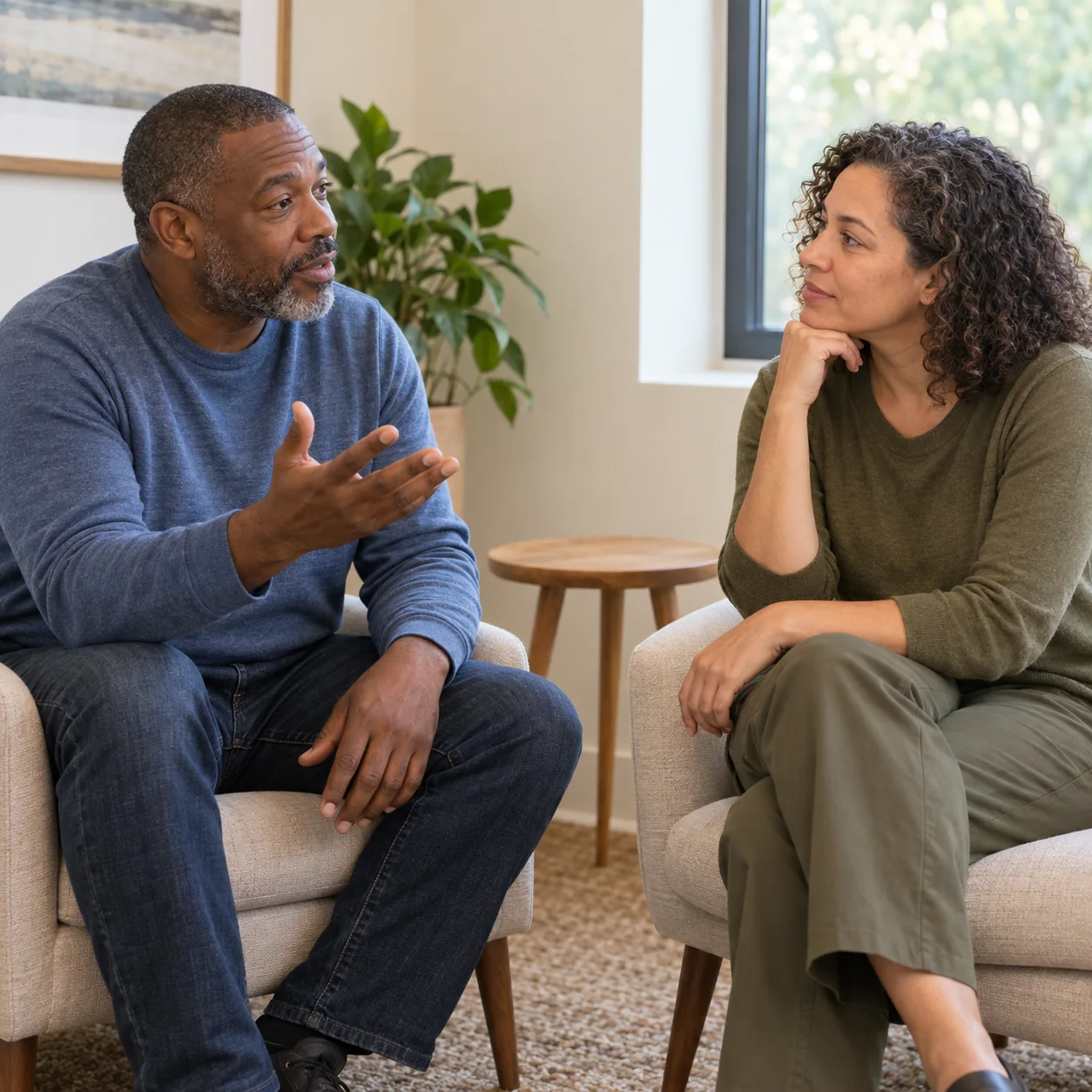 Two adults seated in conversation, one gesturing with an open hand while the other listens.