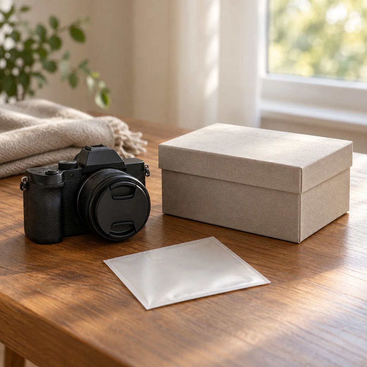 Capped camera, plain closed box, and blank translucent sleeve on a wooden table near a window.