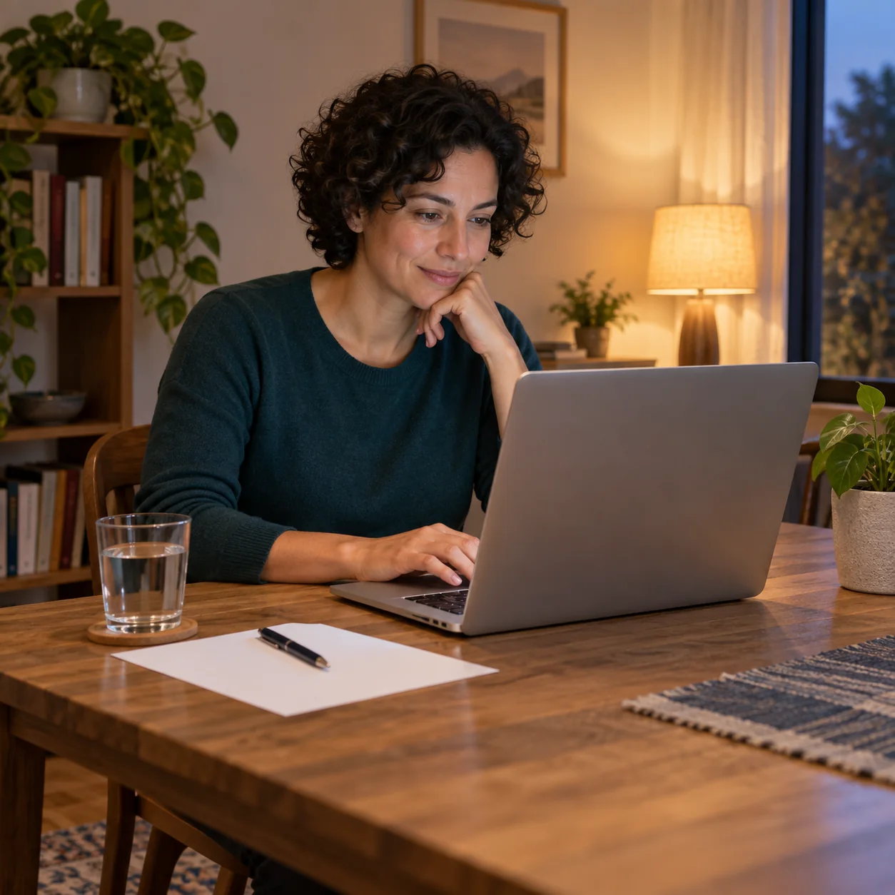 Adult seated at a table looking at a laptop, with a blank sheet and pen nearby.