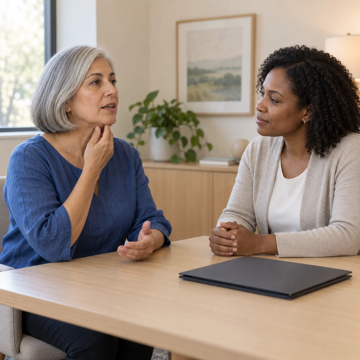 A fictional adult woman indicates her lower jaw while another woman listens across a table in a calm consultation room.