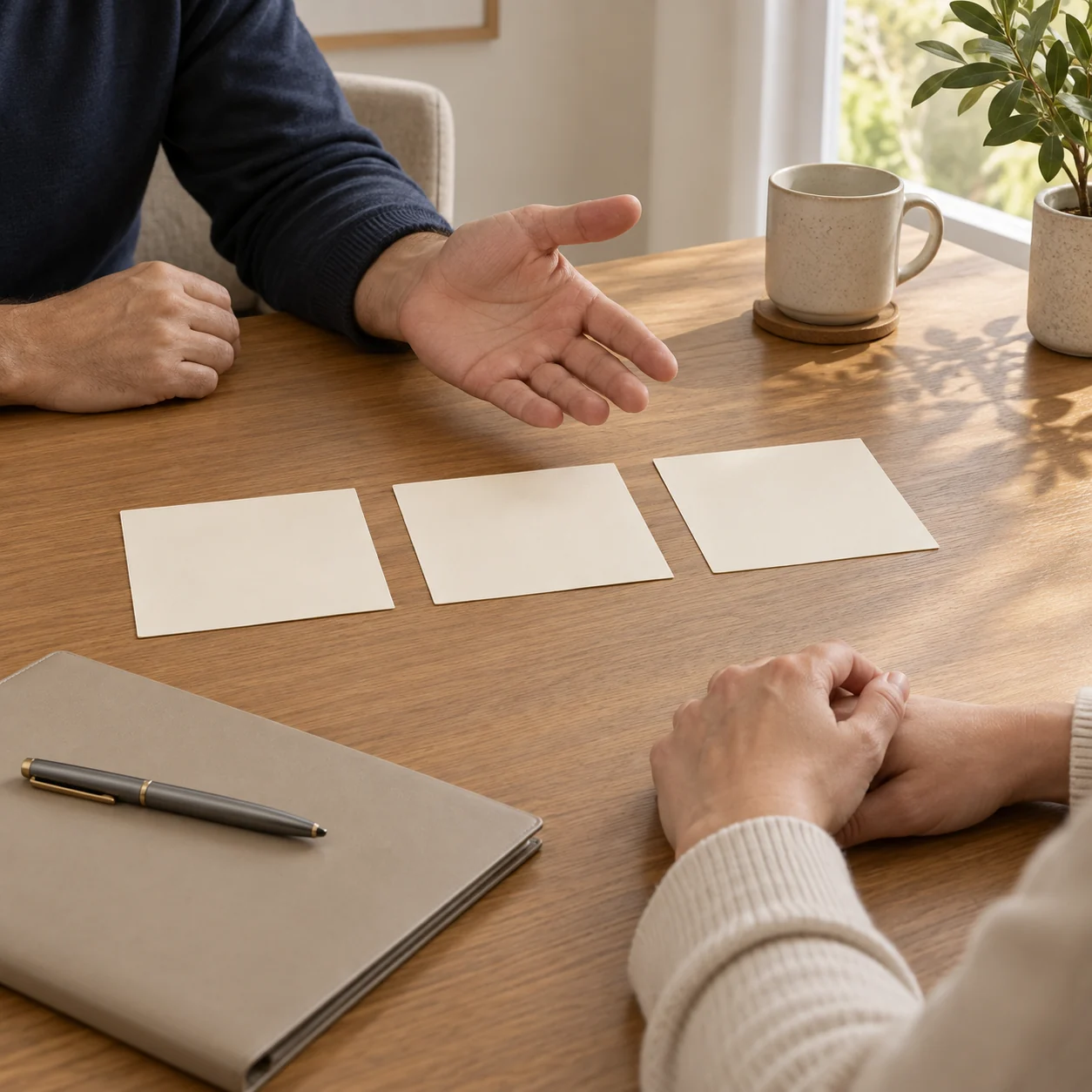 Two fictional adults gesture toward three blank cards on a sunlit table while discussing possible choices.