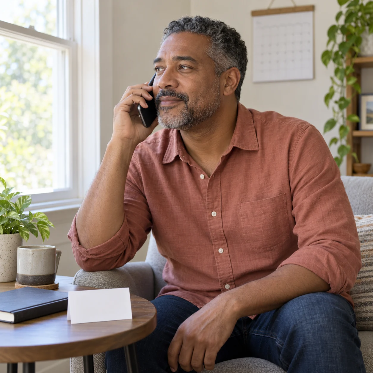 A fictional adult man speaks on the phone at home beside a blank appointment card and a wall calendar.