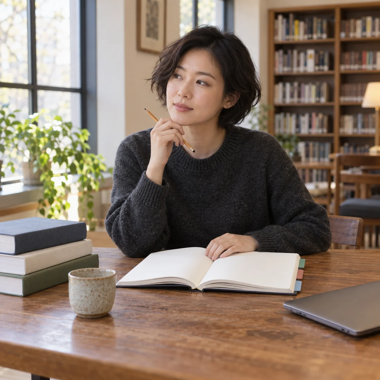 A fictional adult learner pauses over a blank case notebook at a library table with books and a closed laptop.