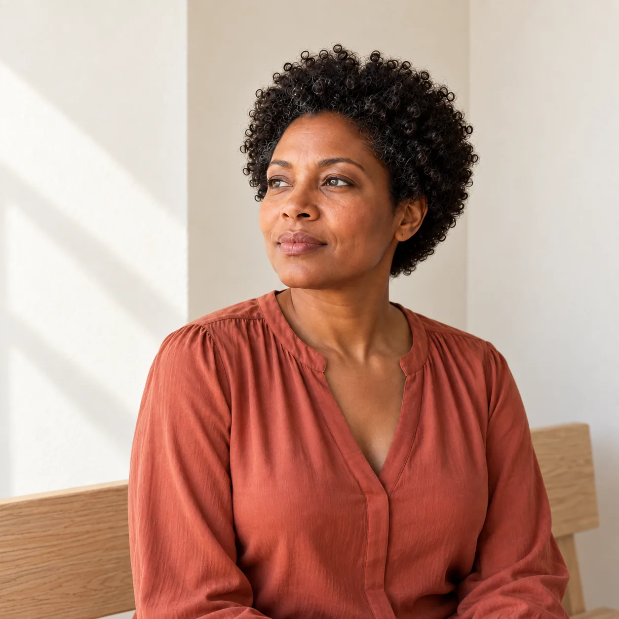 A fictional woman in a terracotta blouse sits thoughtfully on a wooden bench in a softly lit room.