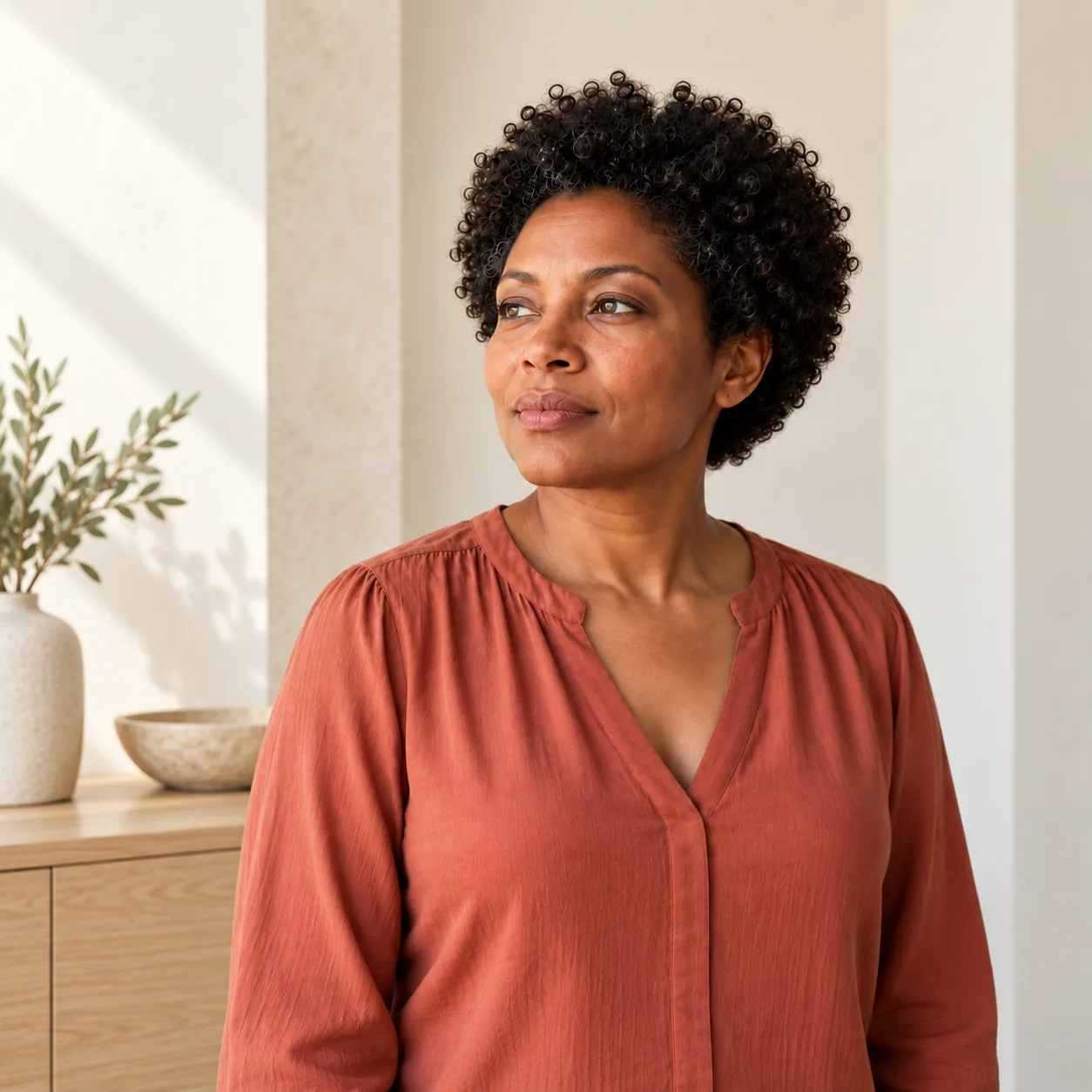 A fictional woman in a terracotta blouse stands thoughtfully beside a wooden sideboard in a softly lit room.