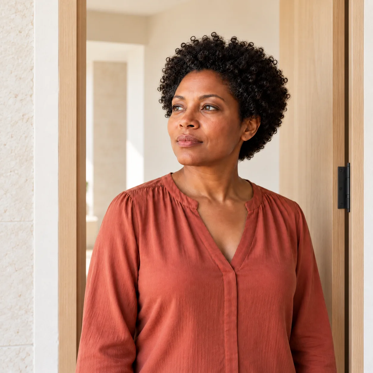 A fictional woman in a terracotta blouse pauses in an open wooden doorway in a softly lit room.