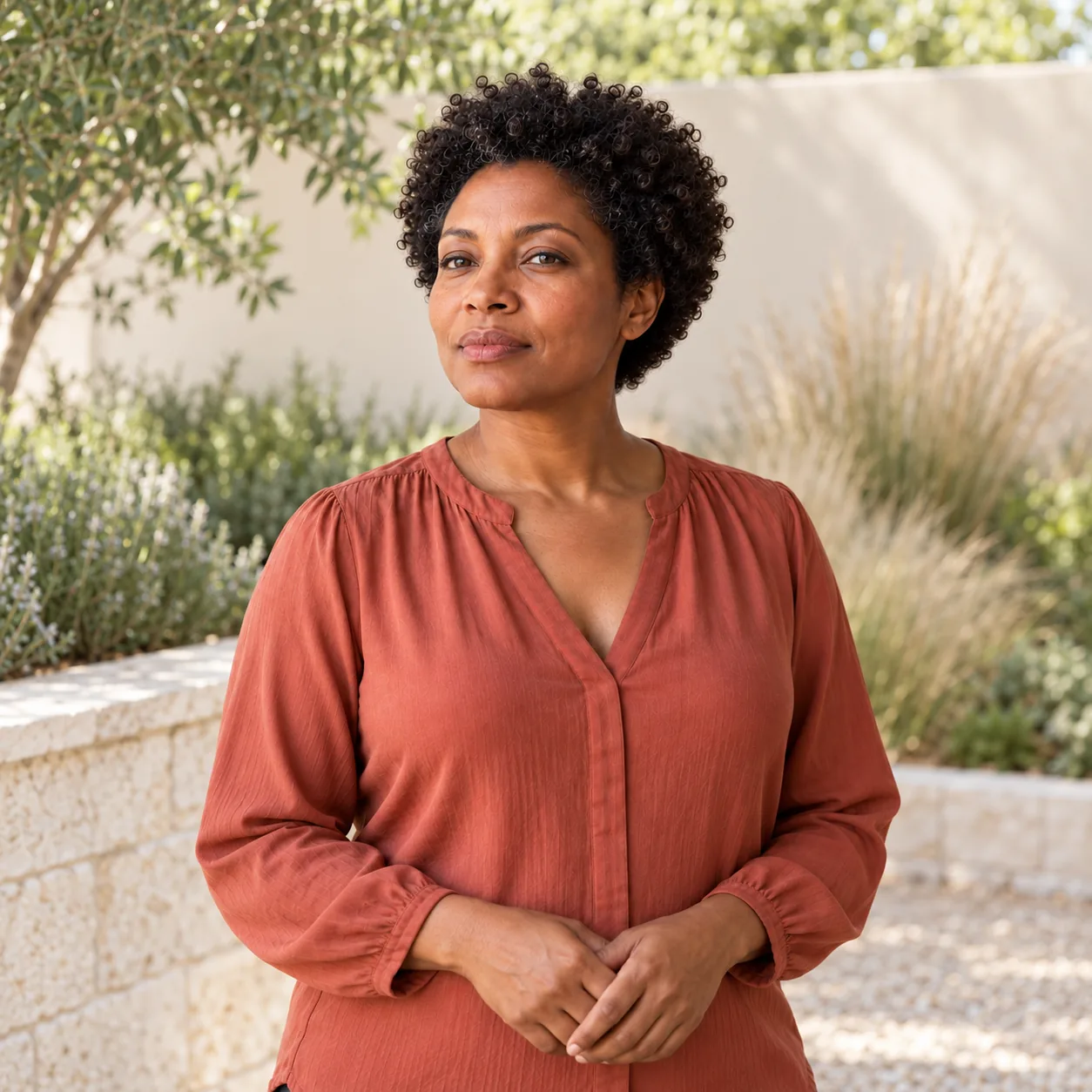 A fictional woman in a terracotta blouse stands in a quiet walled garden beside pale stone and grasses.