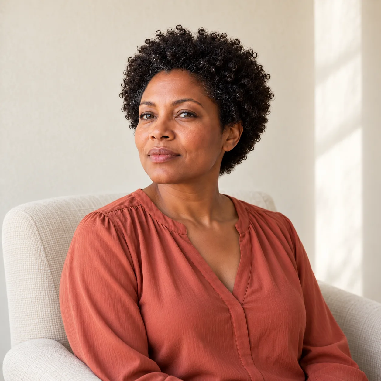 A fictional woman in a terracotta blouse sits thoughtfully in a cream armchair in a softly lit room.