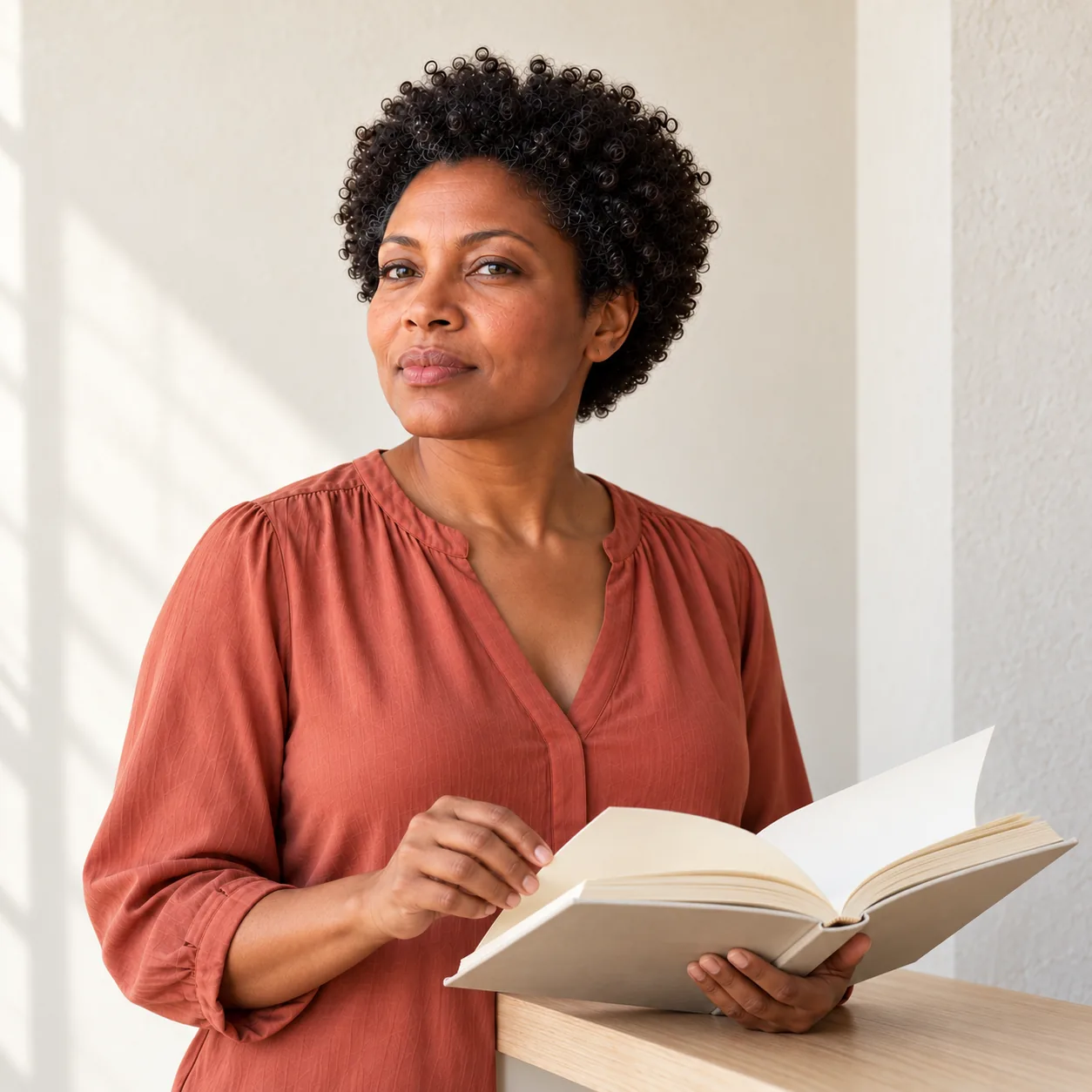 A fictional woman in a terracotta blouse turns a blank page of a book at a wooden reading ledge.