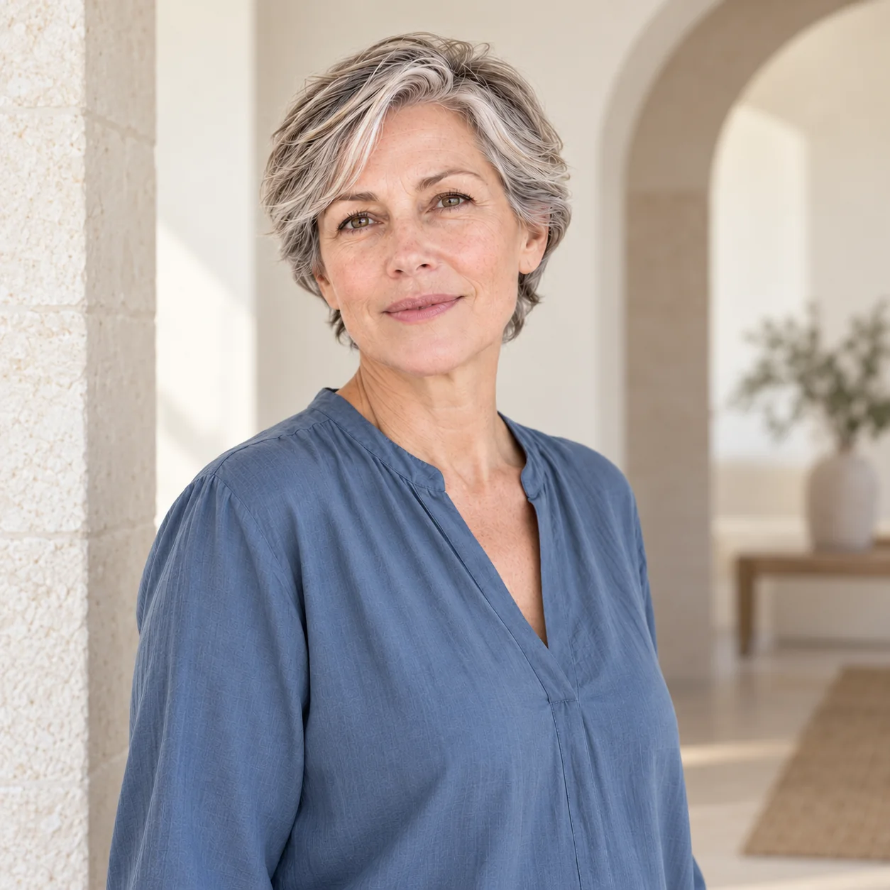 The same fictional silver-haired woman in a slate-blue blouse stands beside a pale-stone arch in a softly lit ivory room.
