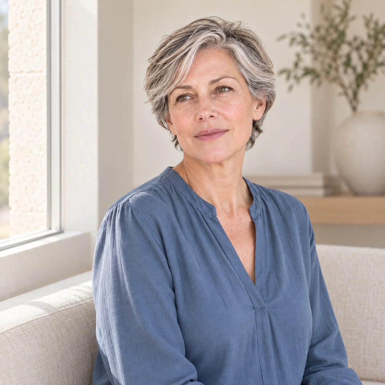 The same fictional silver-haired woman in a slate-blue blouse sits beside a rectangular window on a pale upholstered bench.