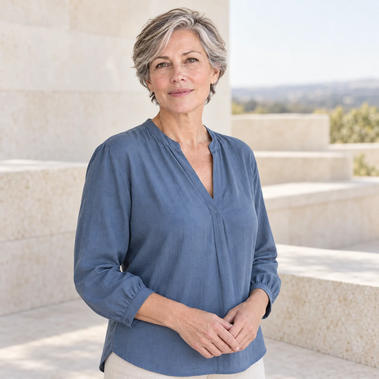 The same fictional silver-haired woman in a slate-blue blouse stands on a pale-limestone terrace with her hands loosely together.