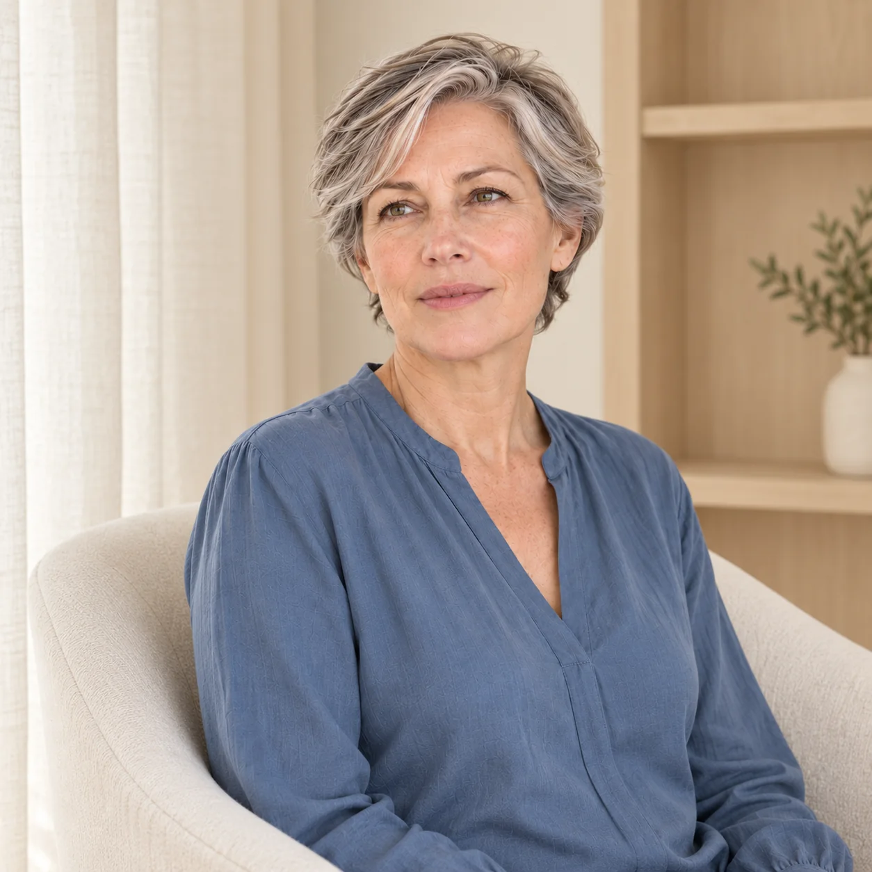 The same fictional silver-haired woman in a slate-blue blouse sits in a cream chair beside linen drapery and pale-oak shelving.