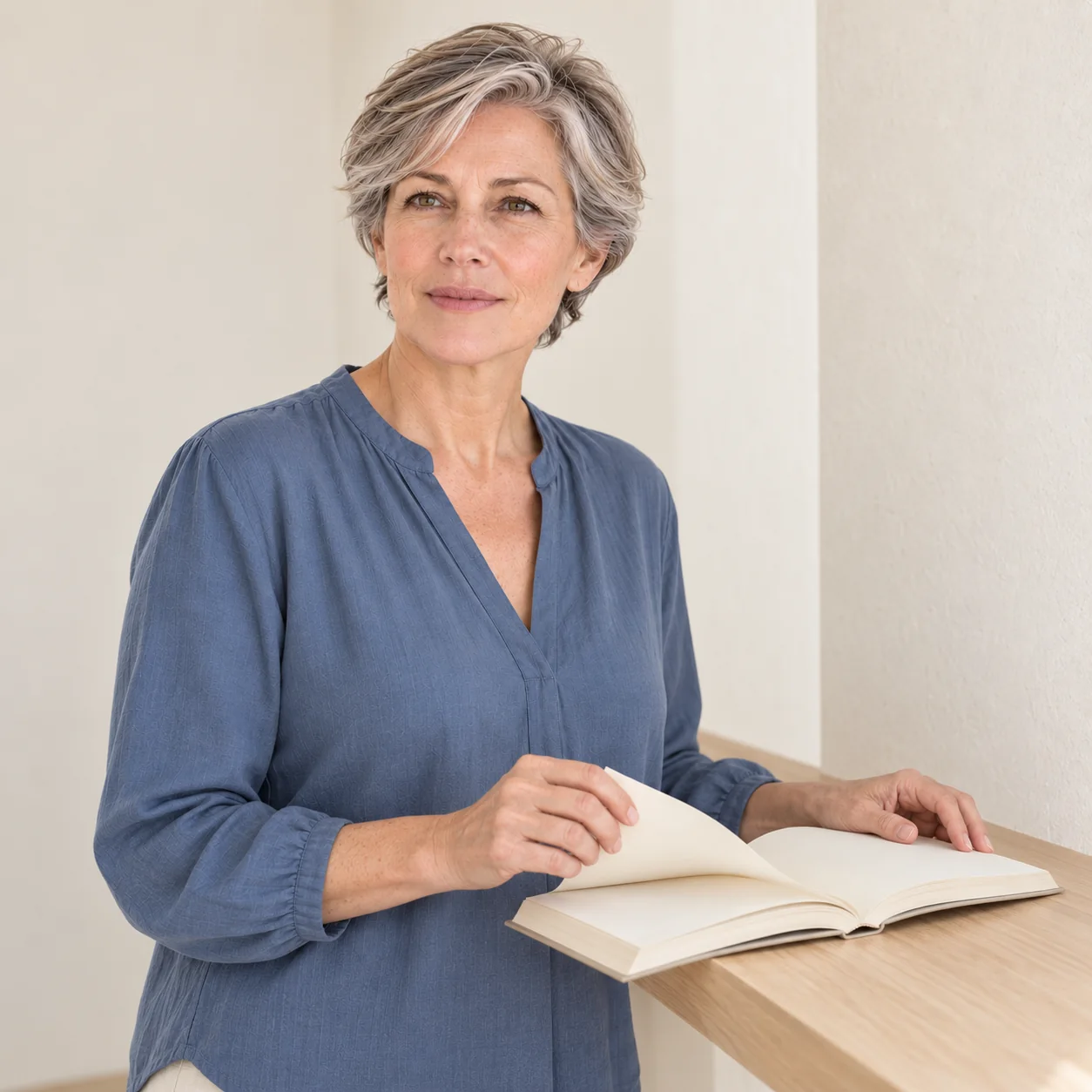 The same fictional silver-haired woman in a slate-blue blouse turns a blank page of an open book at a pale-oak reading ledge.