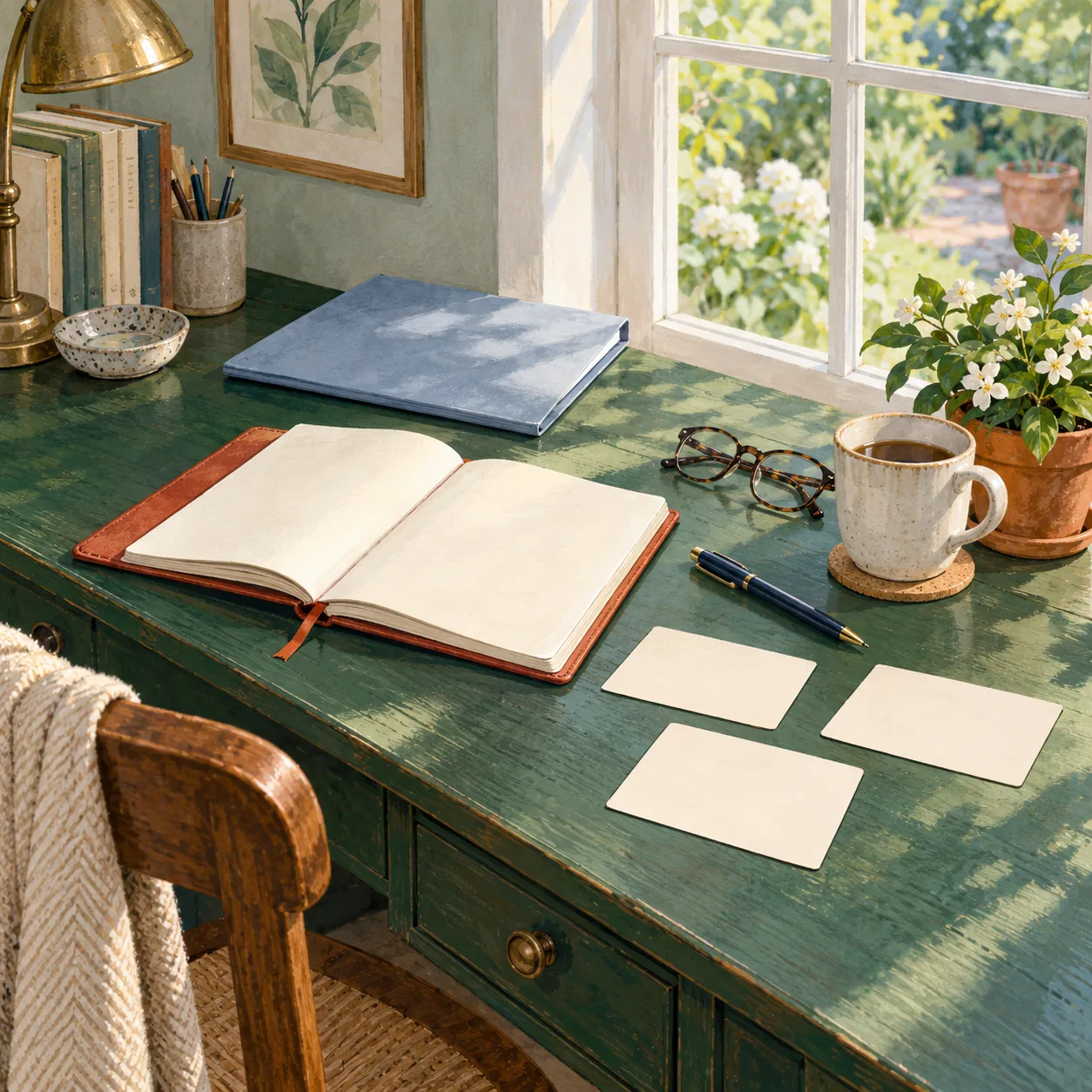 An open blank notebook-like object, three blank cards, pen, folded glasses, closed blue folder-like object and mug on a green wooden desk beside a flowering plant and bright window.