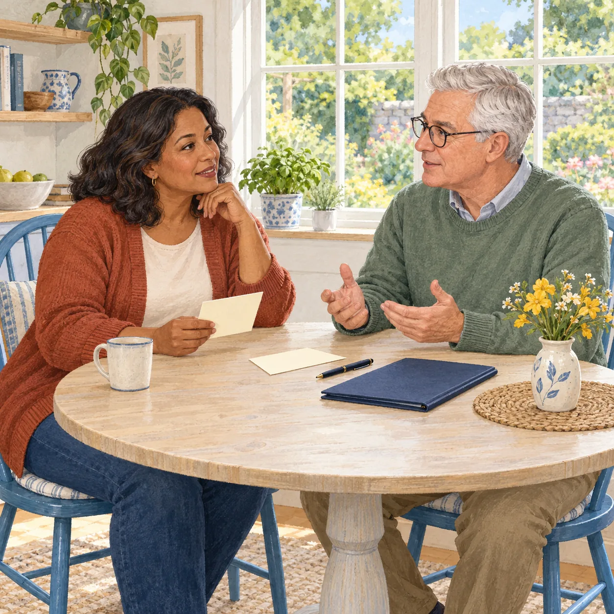 Two fully clothed adults converse at a round wooden table with two blank cream cards, a pen, closed navy folder-like object, pale mug and flower vase beside a garden-facing window.