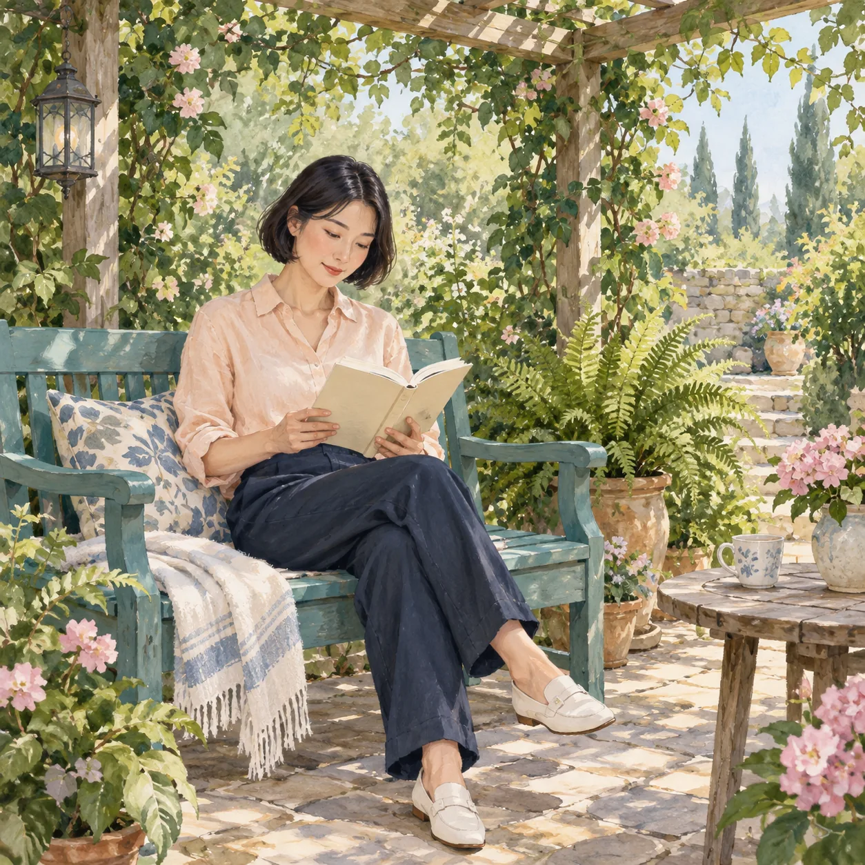 A fully clothed adult holds an open cream book-like object on a teal wooden garden bench under a leafy pergola, beside flowers, plants and a small wooden table.